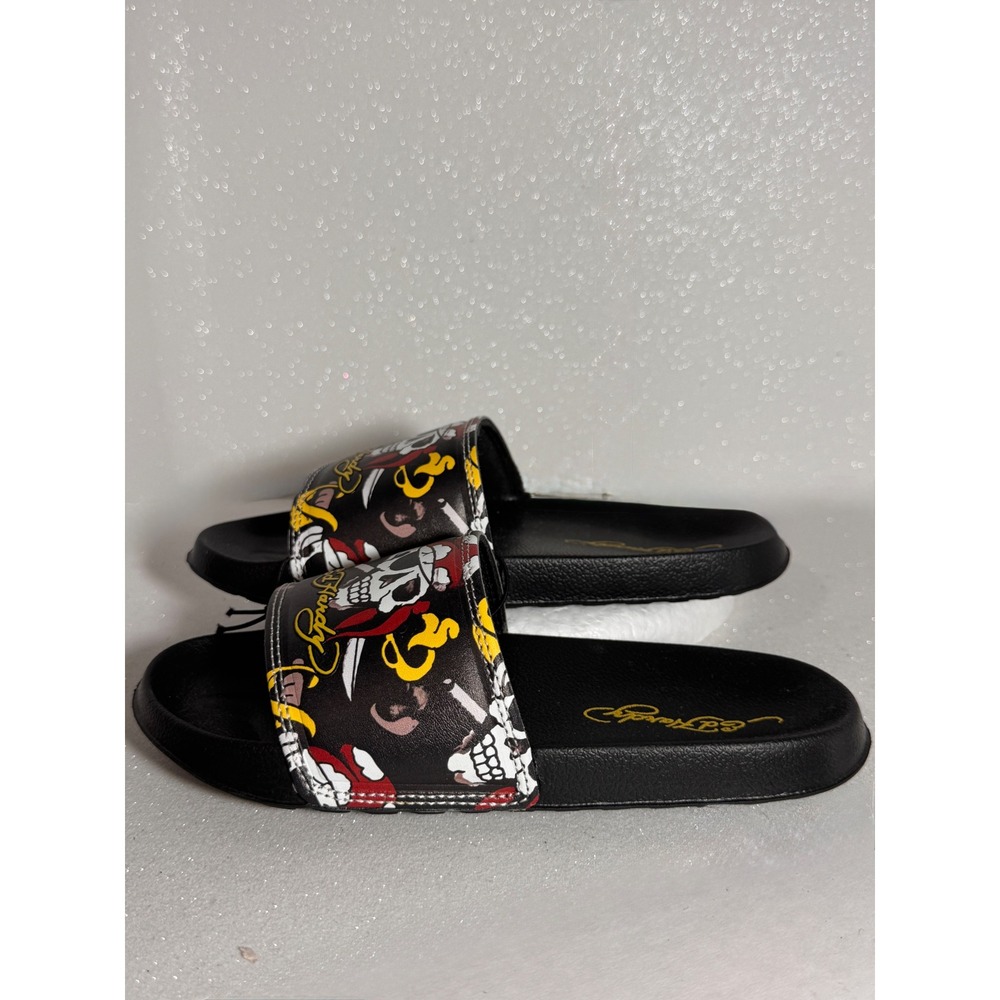 Ed Hardy Black Pirate Skull Graphic Slide Sandals Mens Size 2 Kids Youth
